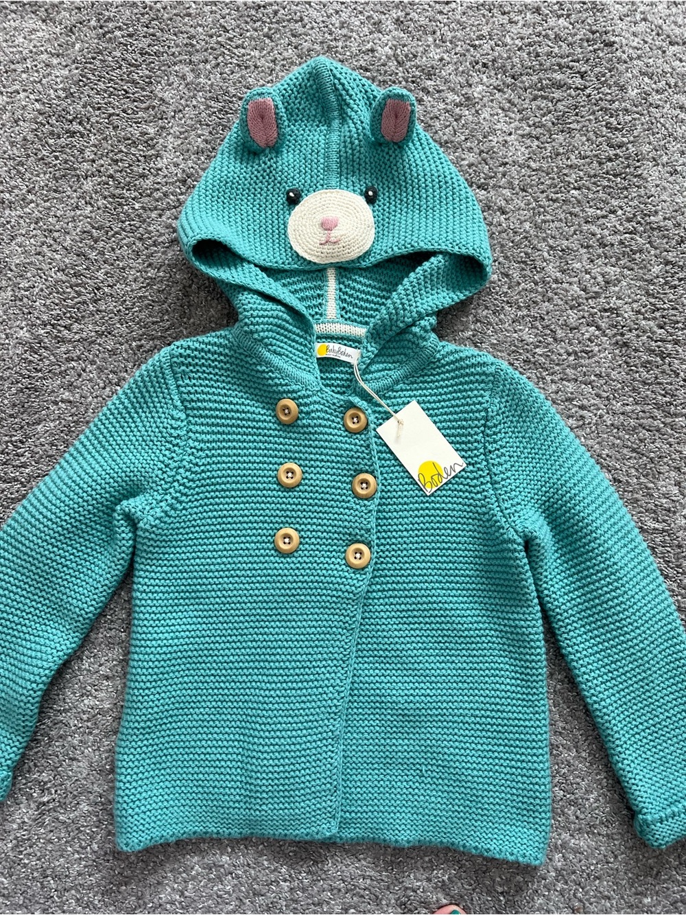 Mini Baby Boden Teal Knit Hooded Cardigan with Cream Bear Face NWT
